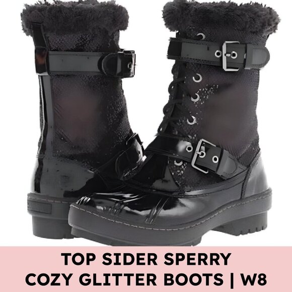 Sperry Top-Sider Alpine Glitter Fur Combat Boots Black 8M Streetwear Luxe - Picture 1 of 11